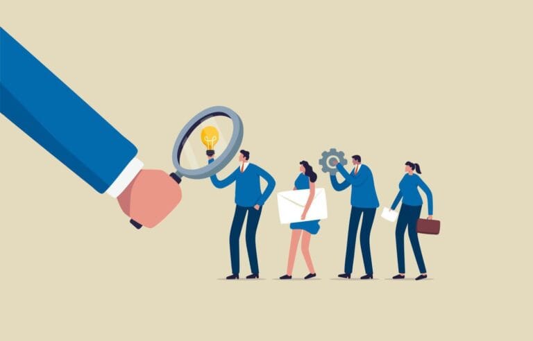 find the right candidates human resources hr using magnifying glass to select people for job interview illustration vector 768x492